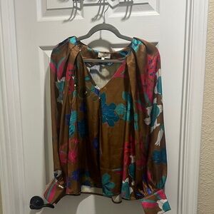 entro Brown Satin Floral Blouse with Teal & Pink Accents